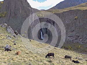 Aerial view of the big waterfall, Caucasus. Powerful stream of clean water escapes from melting glacier, falls from the