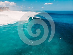 Aerial view of big wave surfing in Bali. Big waves in ocean