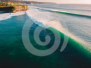 Aerial view of big waves for surfing. Biggest ocean waves in Bali