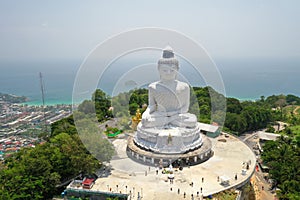 Aerial View Big White Buddha temple famous place in Phuket, Thailand.