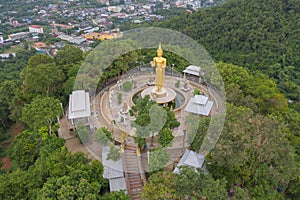 Aerial view of big white buddha in Wat Khao Phra Kru Temple, Si Racha District, Chonburi, Thailand