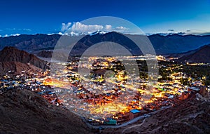 Aerial view of Leh city at night, Ladakh, India photo