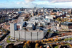 Aerial view of Birmingham cityscape skyline and the construction site HS2 Railway
