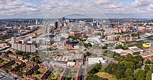 Aerial view of a Birmingham  cityscape skyline with HS2 construction site