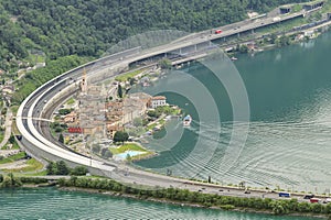 Aerial view of Bissone and Lake Lugano, Switzerland