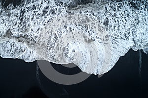 Aerial view of Black sand beach and ocean waves in Iceland photo
