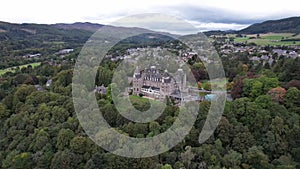 Aerial view of Blair Atholl on a gloomy day, Scotland