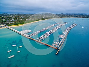 Aerial view of Blairgowrie Marina on Mornington Peninsula, Melbourne Australia.
