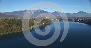 Aerial view of Bled Castle and Bled lake landscape