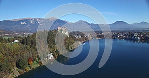 Aerial view of Bled Castle and Bled lake landscape