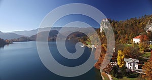 Aerial view of Bled Castle and Bled lake landscape