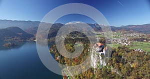 Aerial view of Bled Castle and Bled lake landscape