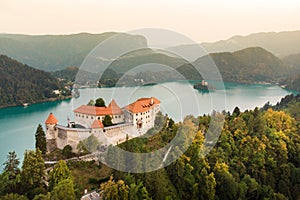 Aerial view of Bled Castle overlooking Lake Bled in Slovenia, Europe