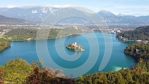 Aerial view of Bled Island and Lake Bled from Osojnica Hill, a popular tourist destination in Slovenia