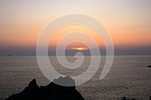 Aerial view of the Bloods Islands and Parata Tower, the Genoese tower built in 1608, Corsica. France. Sunset over the sea on the