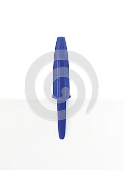 Aerial view of blue ballpoint pen cap isolated on white background. Blue plastic pencil cap in vertical position. Classic design