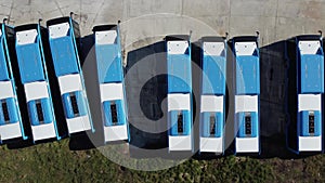 Aerial view of blue buses