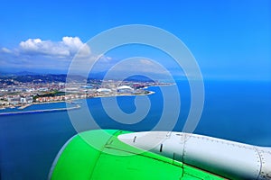 Aerial view of blue coast of Black Sea in summer near Olympic Park in Sochi