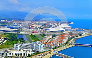 Aerial view of blue coast of Black Sea in summer near Olympic Park in Sochi