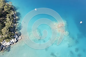 Aerial view on the blue lagoon with rocky coast, Turkey