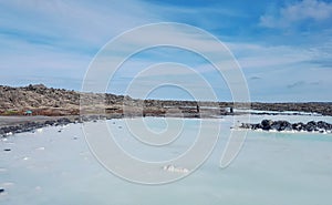 Aerial view of the Blue Lagoon Spa, with the geothermal power plant and the rest of the Blue Lagoon pool, Iceland