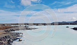 Aerial view of the Blue Lagoon Spa, with the geothermal power plant and the rest of the Blue Lagoon pool, Iceland