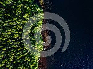 Aerial view of blue lake with a fishing boat and green woods on a sunny summer day in Finland