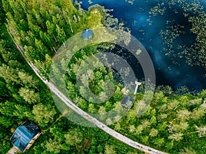 Aerial view of blue lake with green forests in Finland. Wooden house, sauna, boats and fishing pier by the lake