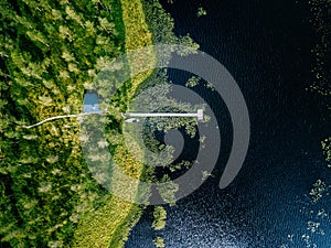 Aerial view of blue lake with green forests in Finland. Wooden house, sauna, boats and fishing pier by the lake