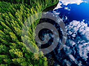 Aerial view of blue lake and green forests on a sunny summer day in Finland.
