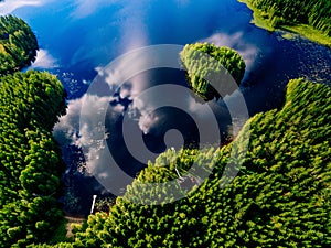 Aerial view of blue lake with island and green forests on a sunny summer day in Finland.