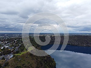 Aerial view of Blue Lake is a large, monomictic, crater lake located at Mount Gambier South Australia.