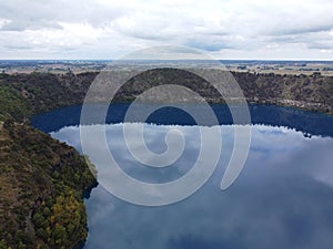 Aerial view of Blue Lake is a large, monomictic, crater lake located at Mount Gambier South Australia.