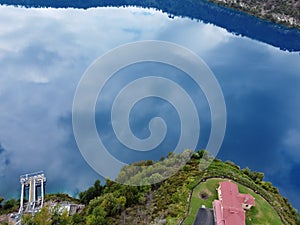 Aerial view of Blue Lake is a large, monomictic, crater lake located at Mount Gambier South Australia.