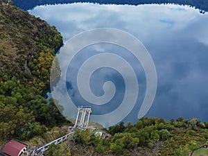 Aerial view of Blue Lake is a large, monomictic, crater lake located at Mount Gambier South Australia.