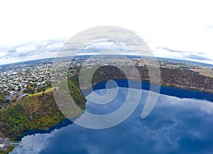 Aerial view of Blue Lake is a large, monomictic, crater lake located in a dormant volcanic at Mount Gambier, South Australia.