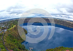 Aerial view of Blue Lake is a large, monomictic, crater lake located in a dormant volcanic at Mount Gambier, South Australia.