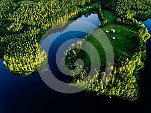 Aerial view of blue lakes and green forests on a sunny summer day in rural Finland