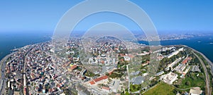 Aerial view of Blue Mosque and Hagia Sophia in Istanbul