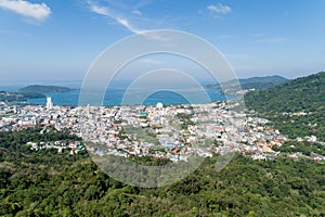 Aerial view blue ocean and blue sky with mountain in the foreground at Patong Bay of Phuket Thailand Landscape of patong city