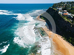 Aerial view of the blue ocean and a coastal town, Newport, Sydney, NSW, Australia