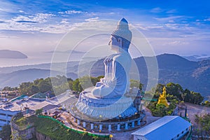 aerial view blue sky and blue ocean are on the back of Phuket Big Buddha statue
