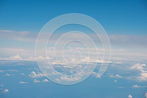 Aerial view of blue sky with clouds from jet flight