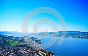Aerial view of blue sky and lakeside townscape. Zurich, Switzerland