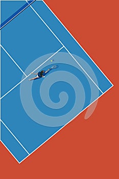 Aerial view on blue tennis court with competitive young woman, tennis player in motion with racket, practicing. Creative