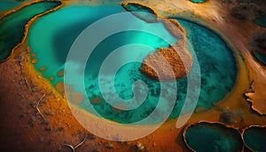 an aerial view of a blue and yellow lake with a heart shaped hole in the middle of it\'s water surfac