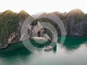 Aerial view of a boat in Cat Ba island, Vietnam