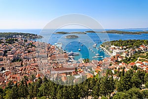 Aerial view of the boat filled harbor of Hvar Croatia