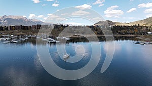 Aerial view of a boat on Lake Dillon Marina in Frisco, Colorado