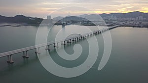 Aerial view a boat move near the Penang Second Bridge